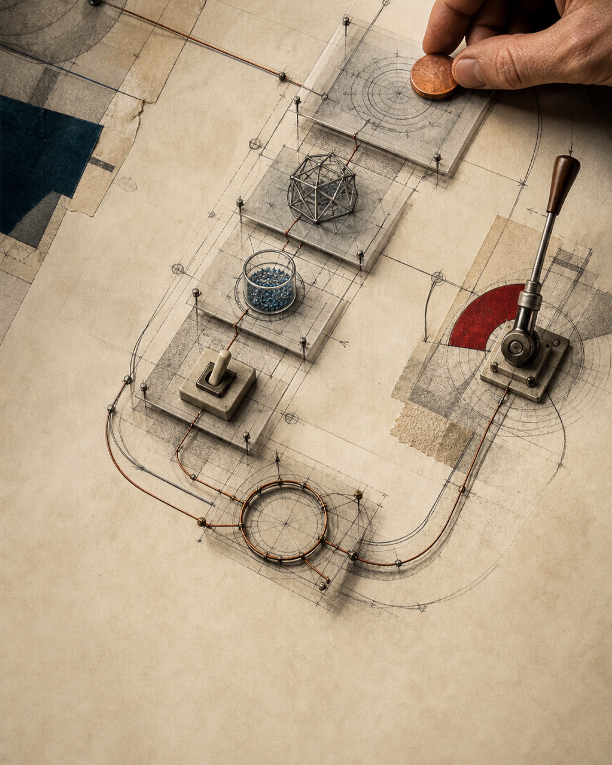 On a warm paper worktable, an anonymous hand places a copper token into transparent task layers; the path passes a model lattice, sample, verification switch, and manual stop lever before returning to an evidence ring.