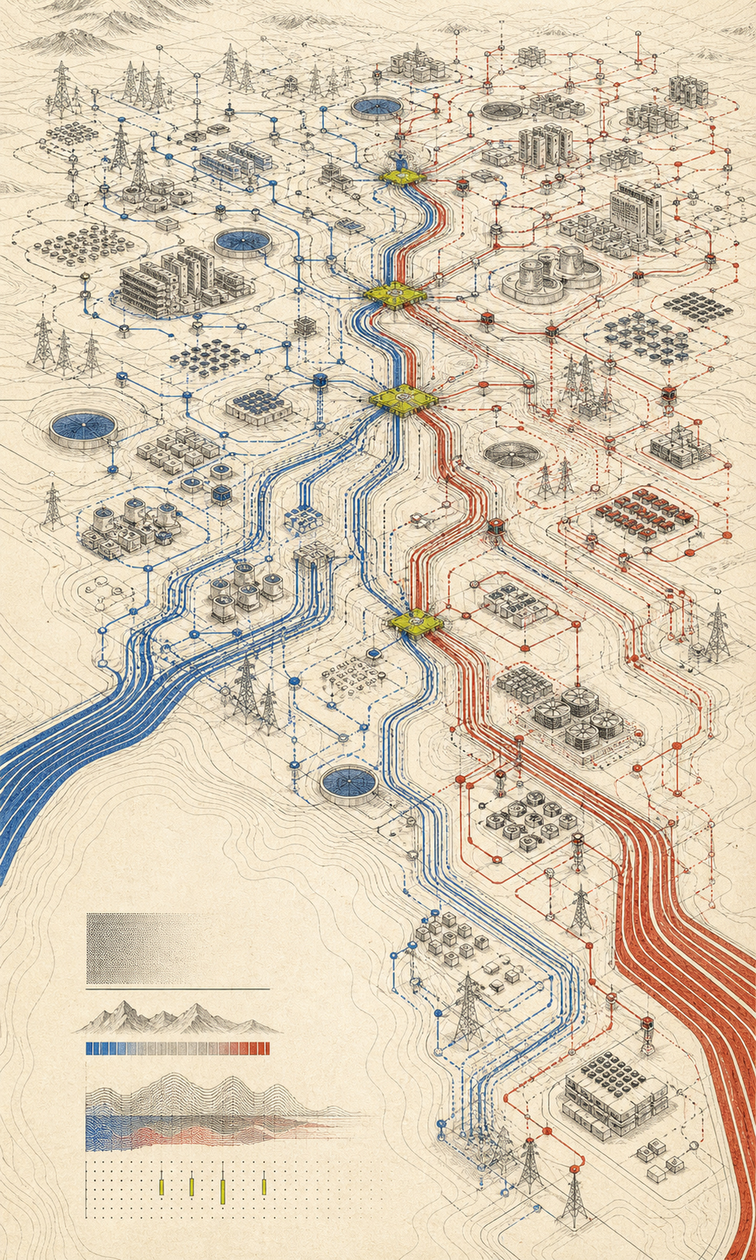 On an oblique graphite map, blue and vermilion routes connect power, cooling, compute, and software nodes, narrowing at four fluorescent-lime gates before branching again.
