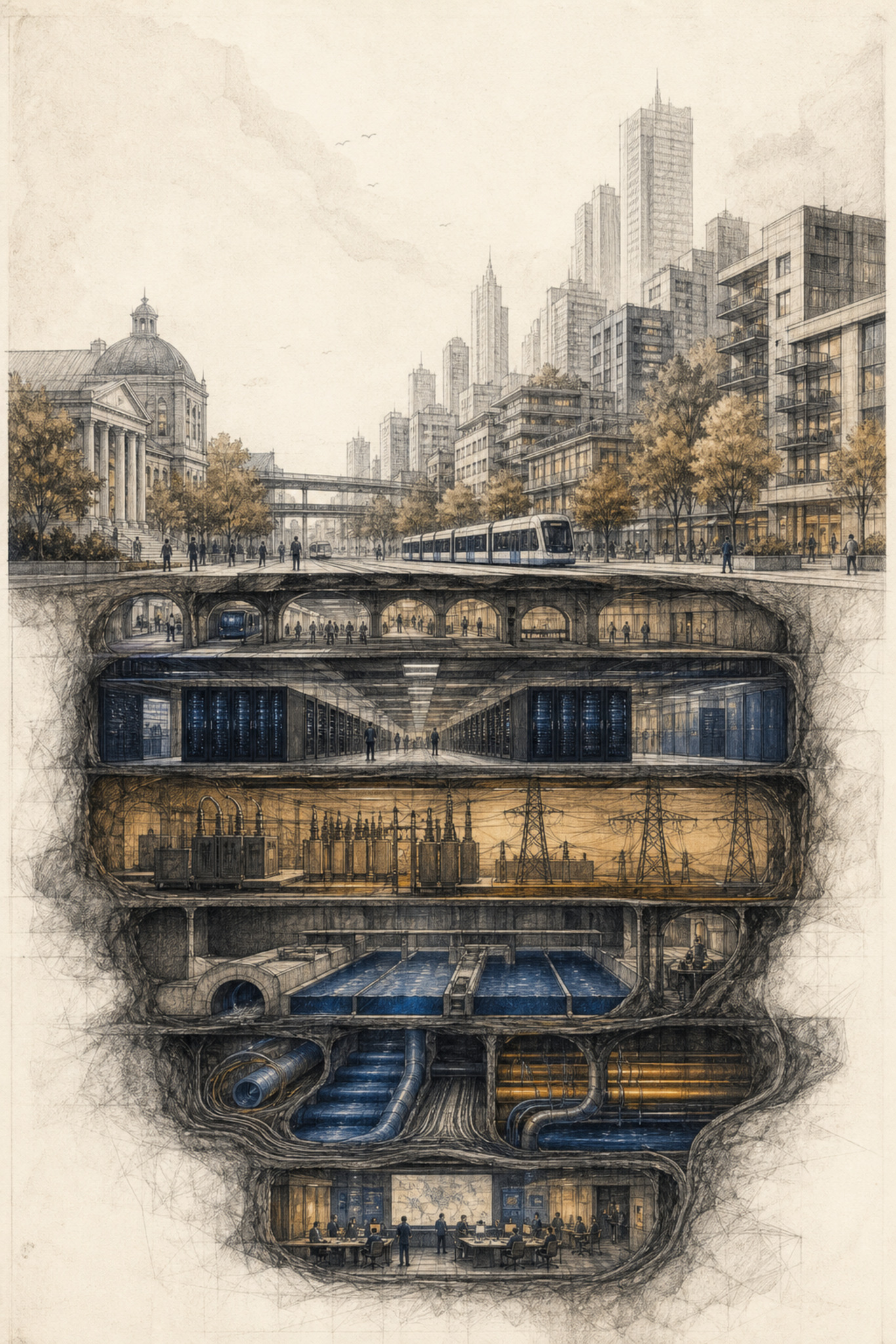 A portrait pencil city cutaway shows the district above and data centers, power, water, fiber, and a human control room below.